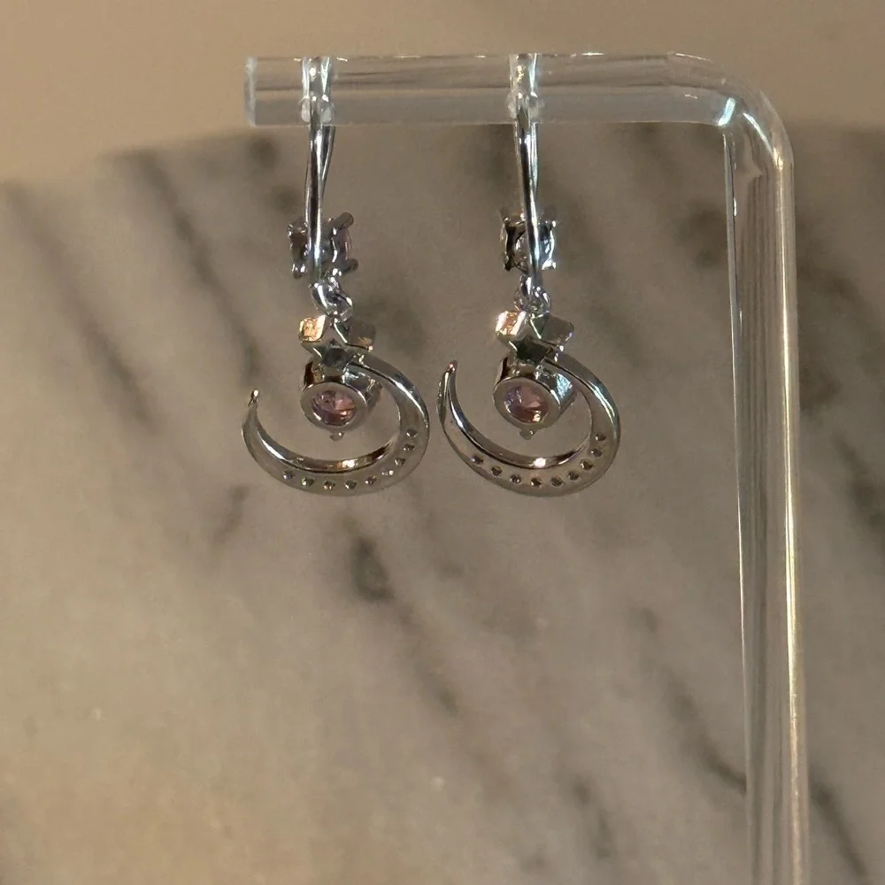 NWOT 925 Sterling Silver Pin Crushed Ice CZ Necklace & Pink Dangling Earrings